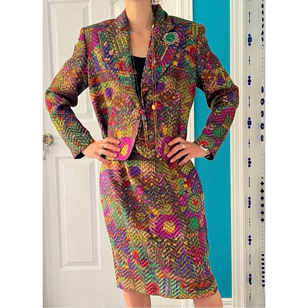 Multicoloured Jacquard Suit Wool Silk Embellished Vintage Ecaille Boutique Paris